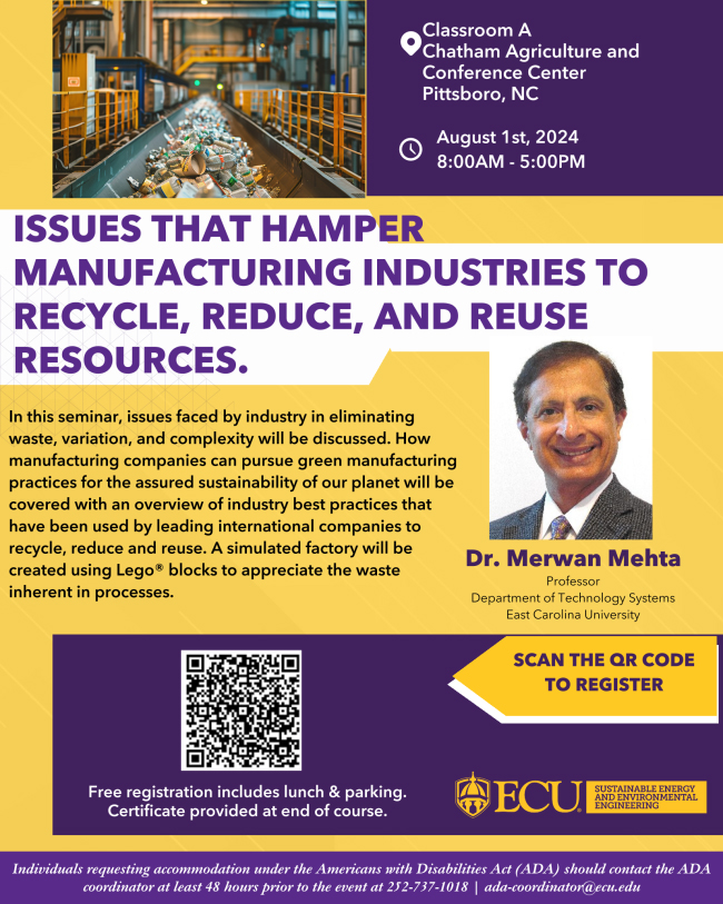 ISSUES THAT HAMPER
MANUFACTURING INDUSTRIES TO
RECYCLE, REDUCE, AND REUSE RESOURCES. In this seminar, issues faced by industry in eliminating waste, variation, and complexity will be discussed. How manufacturing companies can pursue green manufacturing practices for the assured sustainability of our planet will be covered with an overview of industry best practices that have been used by leading international companies to recycle, reduce and reuse. A simulated factory will be created using Lego® blocks to appreciate the waste inherent in processes.